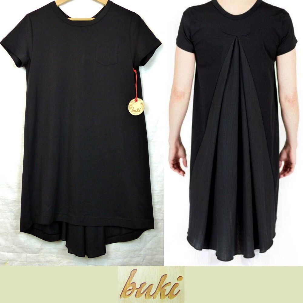 Buki Twirl Tee Tunic Womens M Black Hi Low Pocket Back Pleat Tech Travel Top NWT